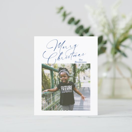 Elegante Blauwe Script Foto Budget Kerstkaart (Staand voorkant)