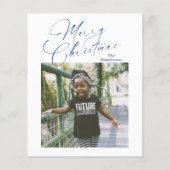 Elegante Blauwe Script Foto Budget Kerstkaart (Voorkant)