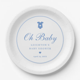 Elegante Blauwe Script Jongens Oh Baby Shower  Papieren Bordje
