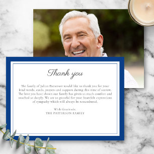 Elegante Blauwe Script Rouwfoto Dankkaart Kaart