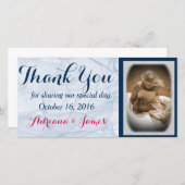 Elegante blauwe script trouwfoto Dank u kaarten (Voorkant / Achterkant)