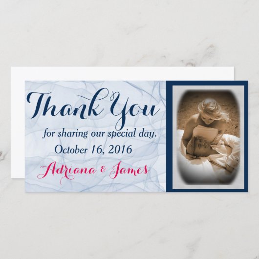 Elegante blauwe script trouwfoto Dank u kaarten (Voorkant / Achterkant)