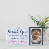 Elegante blauwe script trouwfoto Dank u kaarten (Staand voorkant)