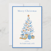 Elegante Blauwe Script Waterverf Kerstboom Feestdagenkaart (Voorkant)