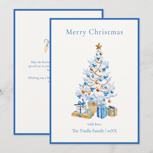 Elegante Blauwe Script Waterverf Kerstboom Feestdagenkaart (Voorkant / Achterkant)