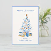 Elegante Blauwe Script Waterverf Kerstboom Feestdagenkaart (Staand voorkant)