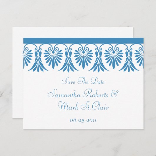 Elegante Blauwe Scroll op Wit Save The Date Aankondigingskaart (Voorkant / Achterkant)