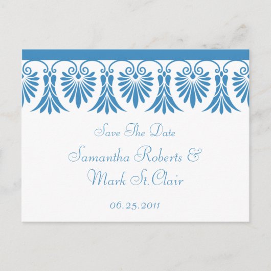 Elegante Blauwe Scroll op Wit Save The Date Aankondigingskaart (Voorkant)