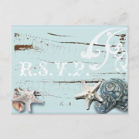 Elegante Blauwe Seashells Beach Wedding RSVP-kaart Uitnodiging Briefkaart (Voorkant)