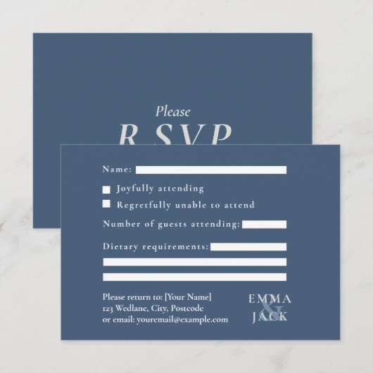 Elegante blauwe serif ampers en bruiloft RSVP kaartje (Voorkant / Achterkant)