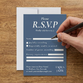 Elegante blauwe serif met ampersand bruiloft RSVP kaartje