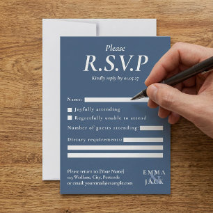 Elegante blauwe serif met ampersand bruiloft RSVP kaartje