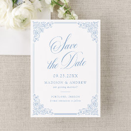 Elegante Blauwe Sierlijke Lijst Huwelijk Save The Date