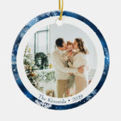 Elegante Blauwe Sneeuwvlok Dubbele Kant Kerstfoto Keramisch Ornament (Voorkant)