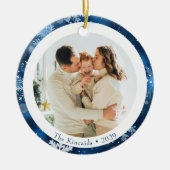 Elegante Blauwe Sneeuwvlok Dubbele Kant Kerstfoto Keramisch Ornament (Voorkant)