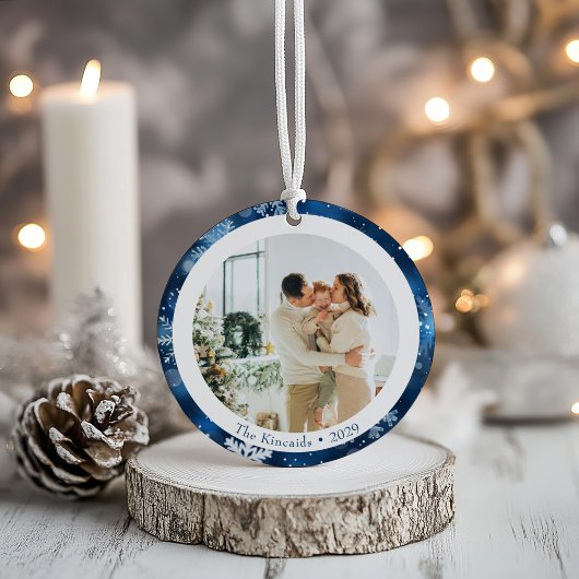 Elegante Blauwe Sneeuwvlok Dubbele Kant Kerstfoto Keramisch Ornament