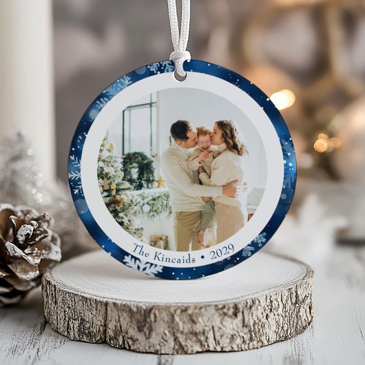 Elegante Blauwe Sneeuwvlok Dubbele Kant Kerstfoto Keramisch Ornament