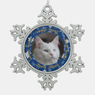 Elegante Blauwe Sneeuwvlok Kat Foto Aangepaste Ker Tin Sneeuwvlok Ornament