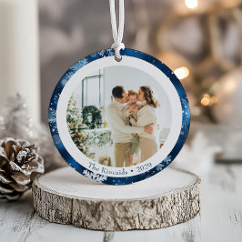 Elegante Blauwe Sneeuwvlok Kerst Foto Keramisch Ornament