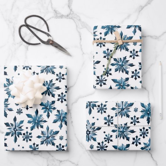 Elegante  Blauwe Sneeuwvlok Kerst Inpakpapier Vel (Voorkant)