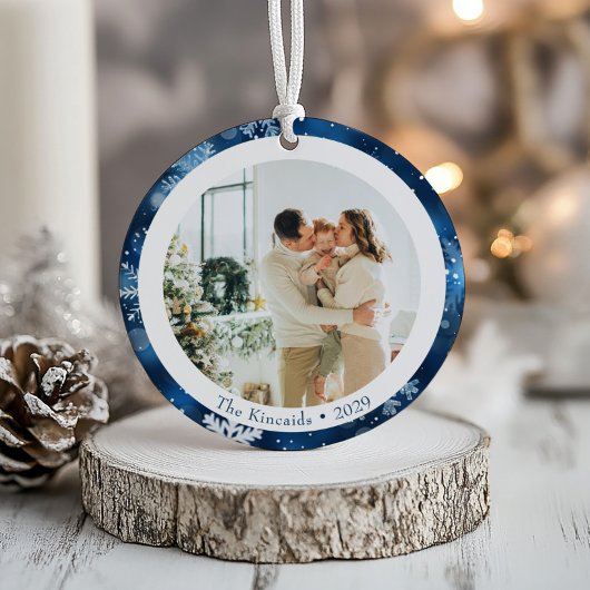 Elegante blauwe sneeuwvlok kerstfoto keramisch ornament
