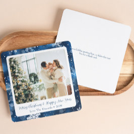 Elegante Blauwe Sneeuwvlok Kerstkaart met Foto