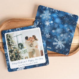 Elegante Blauwe Sneeuwvlok Kerstkaart met Foto