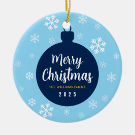 Elegante Blauwe Sneeuwvlok Kerstmis Familie Foto Keramisch Ornament