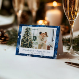 Elegante Blauwe Sneeuwvlok Kerstmiskaart Vouw Foto Feestdagen Kaart