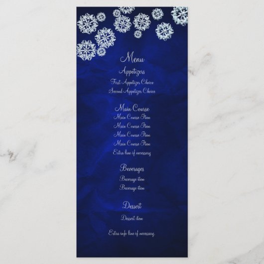 Elegante Blauwe Sneeuwvlok Winter Wedding Menu (Voorkant)