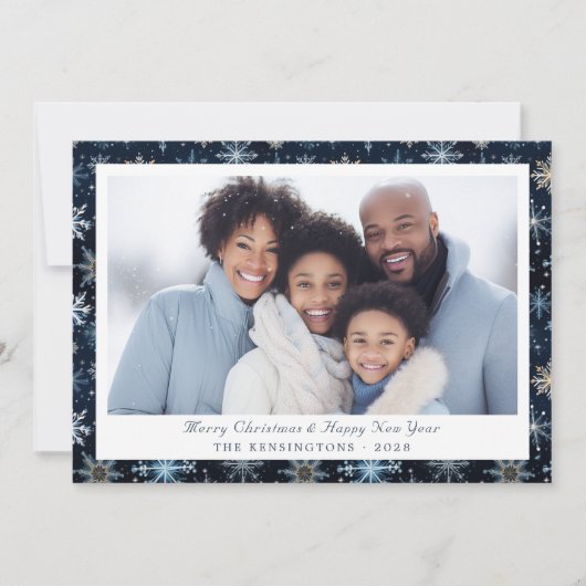Elegante Blauwe Sneeuwvlokken Vakantie Foto Feestdagenkaart (Voorkant)