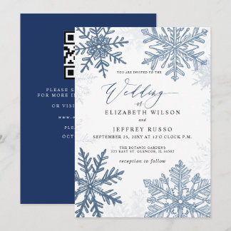 Elegante Blauwe sneeuwvlokken Winter QR Code Trouw Kaart