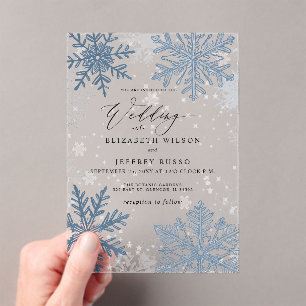 Elegante blauwe sneeuwvlokken Winter Wedding Acryl Uitnodigingen