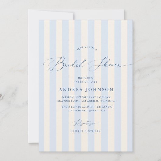 Elegante blauwe strepen bruids douche uitnodiging (Voorkant)