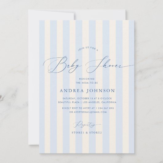 Elegante blauwe strepen jongen baby shower uitnodi kaart (Voorkant)