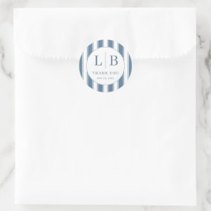 Elegante blauwe strepen met initialen ronde sticker