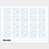 Elegante blauwe strepen monogram bruiloft vierkante sticker (Vel)