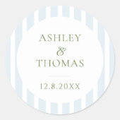 Elegante blauwe strepen monogram ronde sticker (Voorkant)