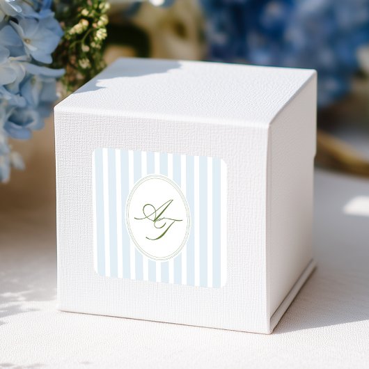Elegante blauwe strepen monogram vierkante sticker