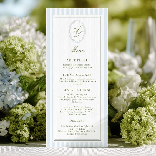 Elegante Blauwe Strepen Trouwmenu Menu