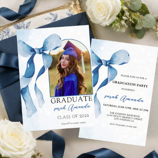 Elegante Blauwe Strik Aangepaste Foto Afstudeerfee Kaart