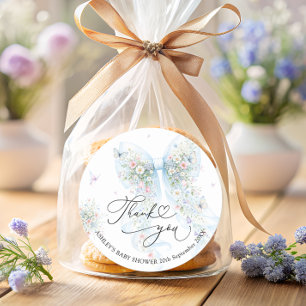 Elegante Blauwe Strik Baby Shower Bedankt  Ronde Sticker