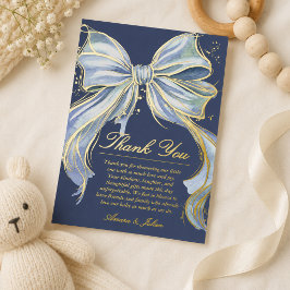 Elegante Blauwe Strik Baby Shower Folie Bedankkaar Feestdagenkaart