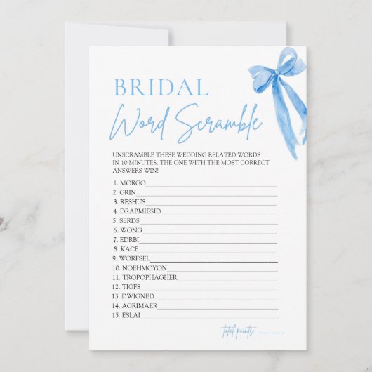 Elegante Blauwe Strik Bruids Woordzoekspel Game Kaart (Voorkant)