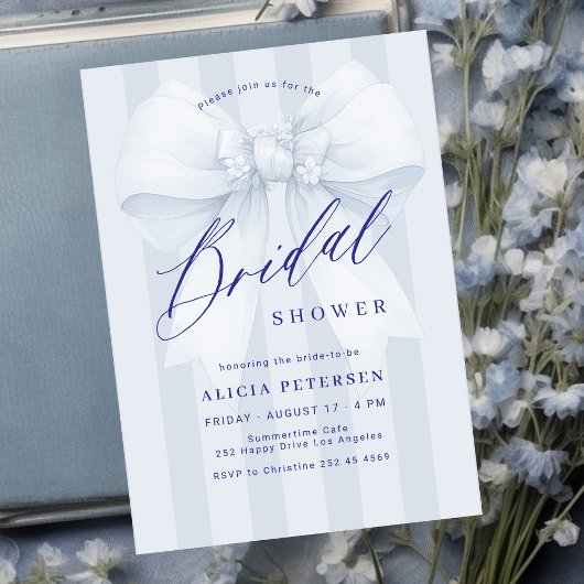 Elegante blauwe strik bruidsdouche kaart