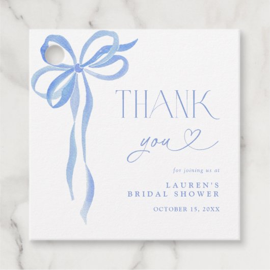 Elegante Blauwe Strik Bruidsdouche Script Bedankt Bedankjes Labels (Voorkant)