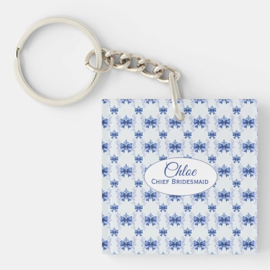 Elegante Blauwe Strik Bruidsdouche Sleutelhanger (voorkant)
