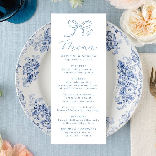Elegante Blauwe Strik Bruiloft Menu