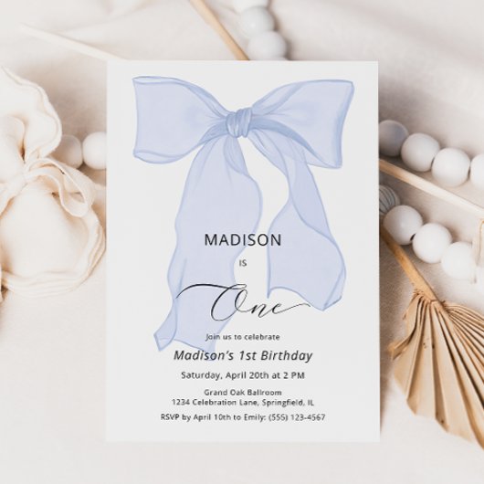 Elegante Blauwe Strik Eerste Verjaardag Kaart