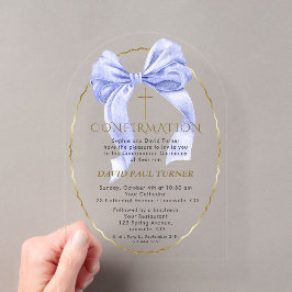 Elegante Blauwe Strik Gouden Jongensbevestiging Tr Acryl Uitnodigingen